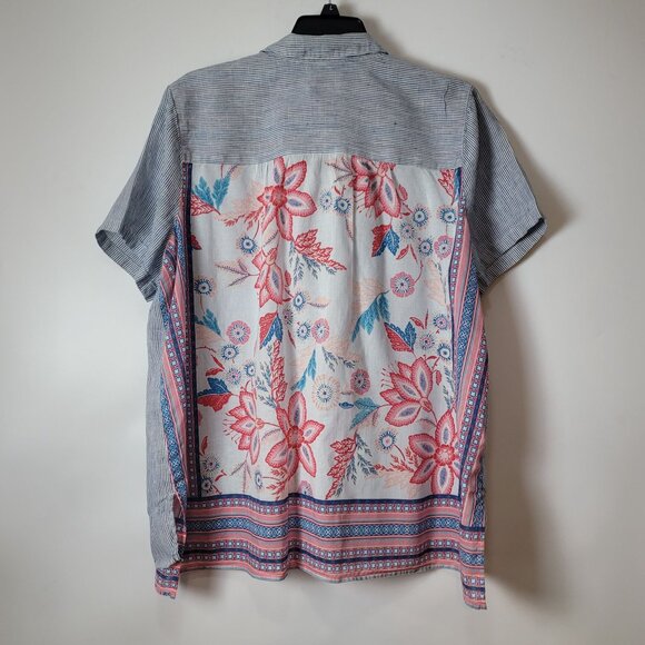 J.Jill Womens Striped Linen Blend Button-Up Short Sleeve Shirt With Floral & Geo - Picture 5 of 16